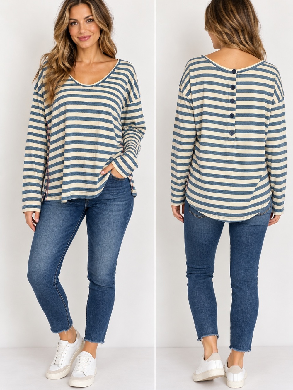 Gap Large Striped Henley Long Sleeve Top Blue Cream 100% Cotton
